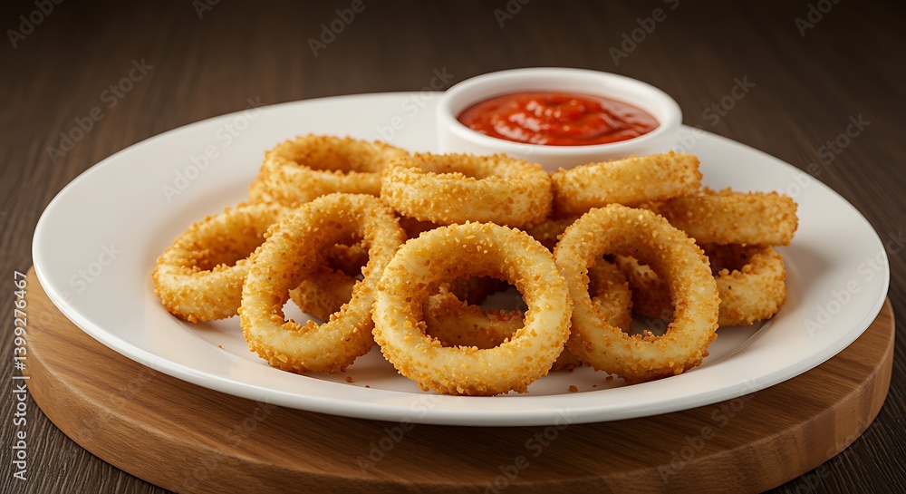 Fried Onion Rings with Tomato Dip Appetizer on Plate Fried Onion Rings with Tomato Dip Appetizer on Plate