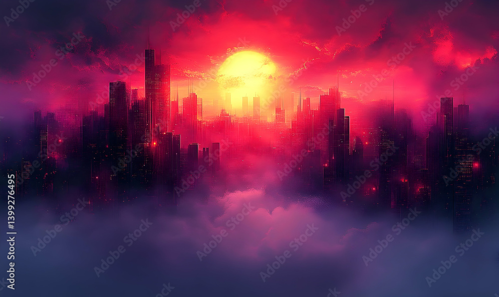 Fototapeta premium Sunset city skyline mist