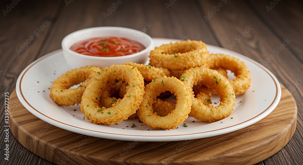 Serving of Fried Onion Rings with Dipping Sauce on Plate Serving of Fried Onion Rings with Dipping Sauce on Plate