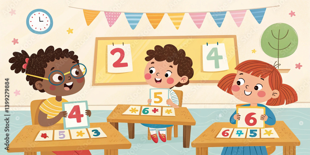 Fototapeta premium Cute Cartoon Children Learning Numbers in Classroom – Educational Vector Illustration