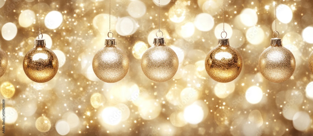 Enchanting golden ornaments cascade, suspended amidst shimmering bokeh radiance Enchanting golden ornaments cascade, suspended amidst shimmering bokeh radiance