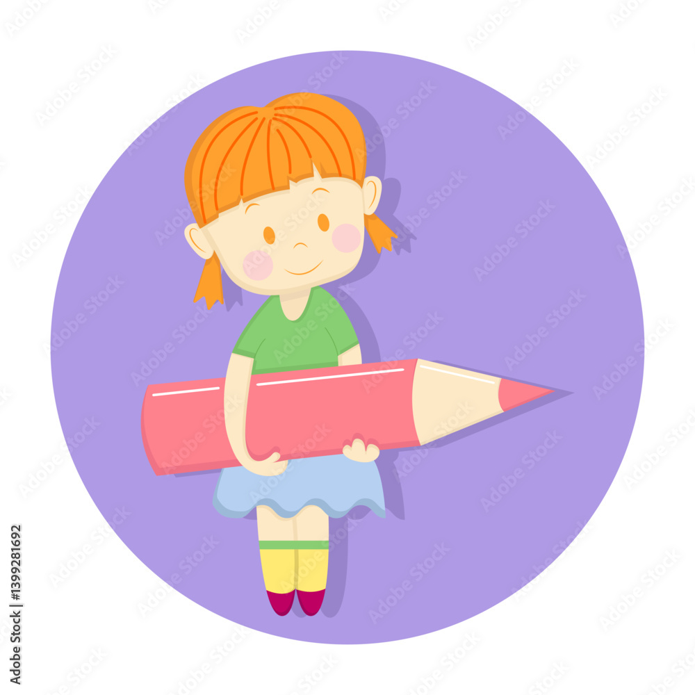 Vector cartoon little girl student holding big pencil on lilac background. Back to school concept. Vector cartoon little girl student holding big pencil on lilac background. Back to school concept.