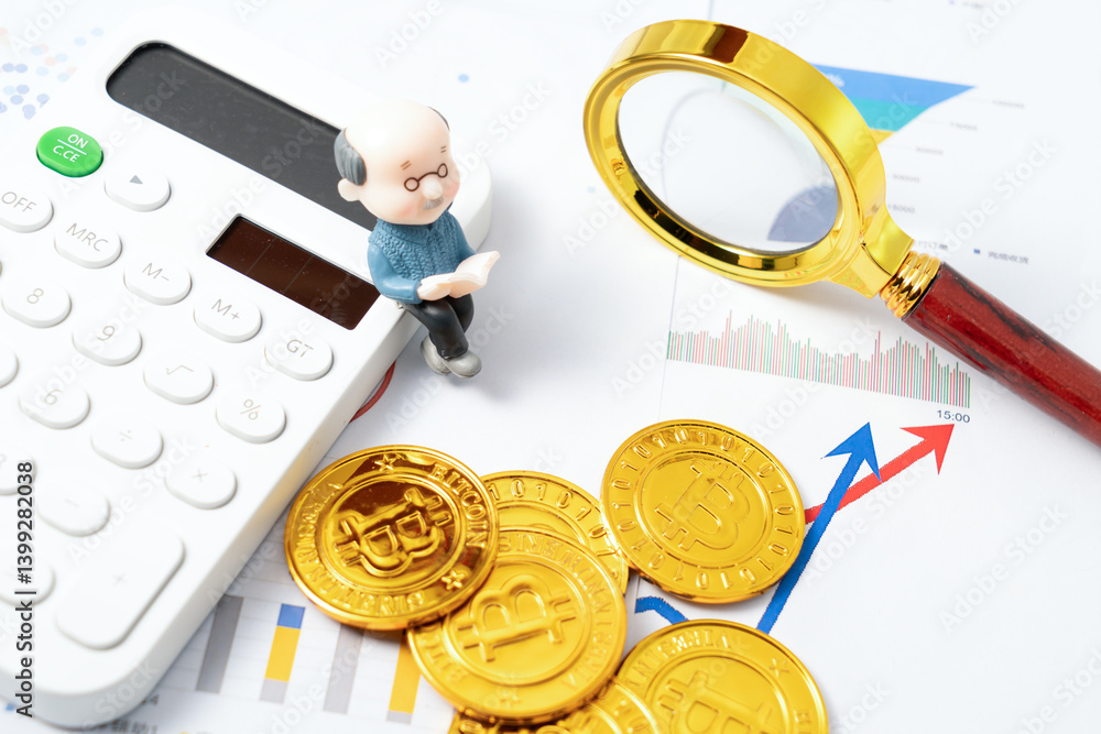 Financial Analysis with Calculator, Bitcoin Coins, and a Magnifying Glass
