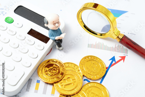 Obraz na płótnie Financial Analysis with Calculator, Bitcoin Coins, and a Magnifying Glass w salonie