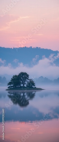 Wallpaper Mural A solitary tree stands majestically at the center of a small, lush island, surrounded by shimmering blue waters, with vibrant green foliage contrasting against the clear sky. Torontodigital.ca