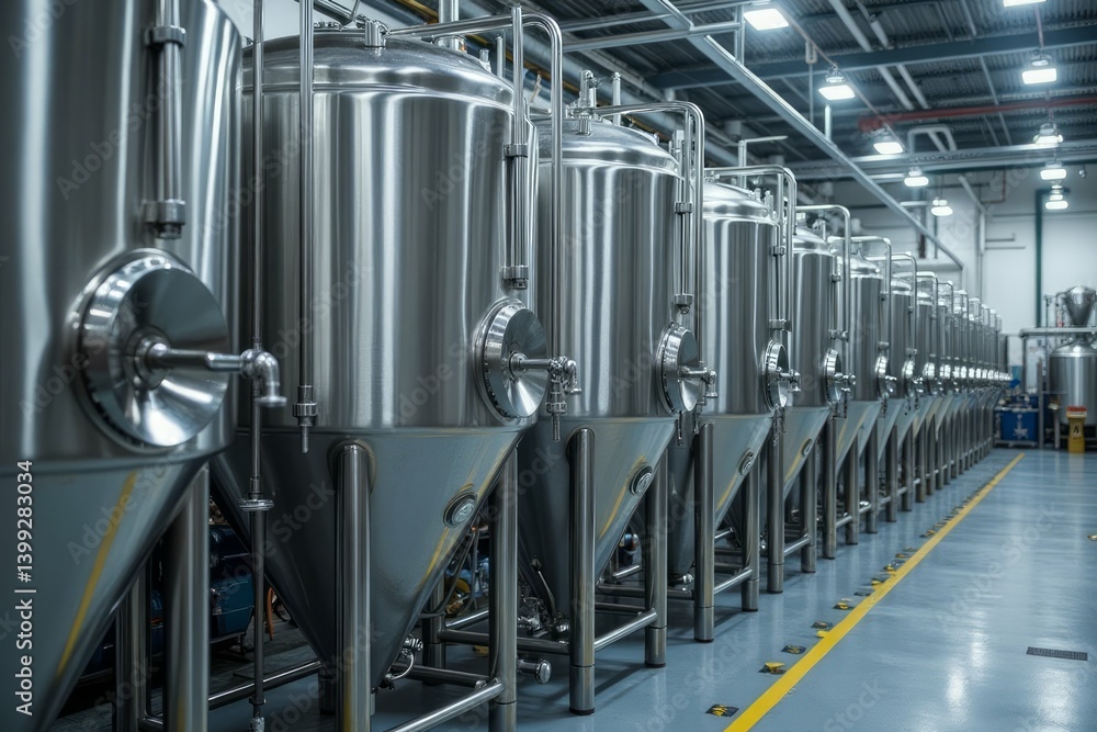 Fototapeta premium Row of stainless steel brewing tanks in a modern brewery.