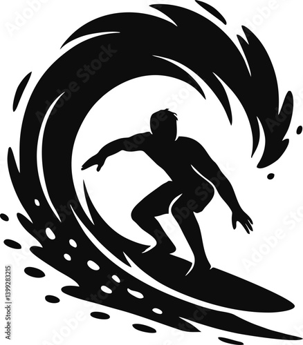 Surfer Silhouette Riding a Powerful Wave – Cinematic Vector Illustration in Black and White