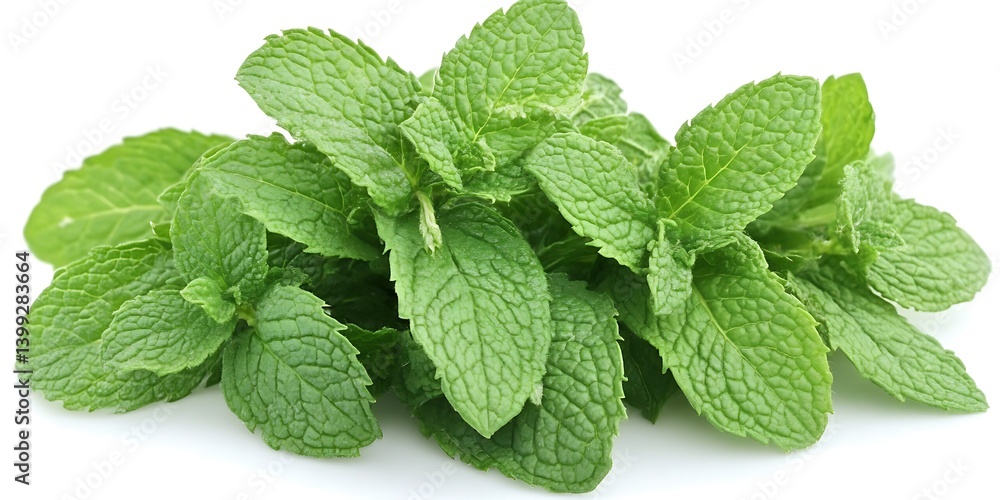 Aromatic Green Spearmint Sprigs Isolated Against Clean White Surface Aromatic Green Spearmint Sprigs Isolated Against Clean White Surface