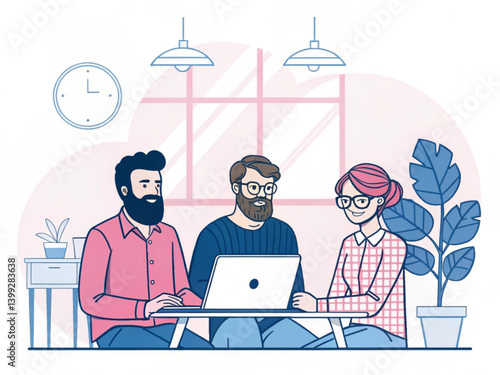 Startup Team Collaboration – Flat Illustration of Creative Office Workers in Modern Workplace