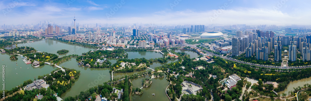 Aerial View of the Urban Landscape with River and Parks