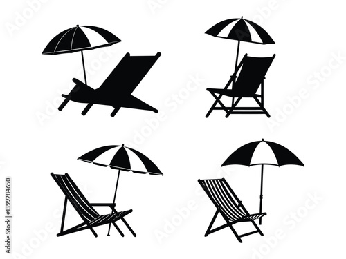 beach chair with umbrella black silhouette white background.
