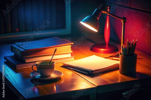 Low Light Academic Journal Feedback: Nighttime Manuscript Review, Editing Process, Scholarly Research, Desk Lamp Glow