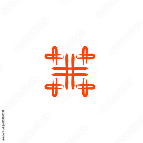 Abstract design featuring intersecting lines and shapes in vibrant orange on a white background