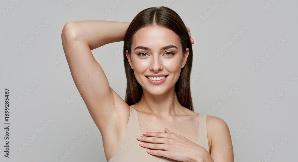 Smiling woman posing gracefully against a neutral background Smiling woman posing gracefully against a neutral background