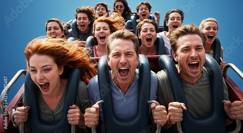Thrilled riders screaming on a roller coaster against a blue sky  