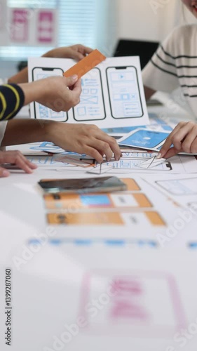 Ui/ux designers team creating mobile application design using paper prototypes, enhancing the user experience and interface design.