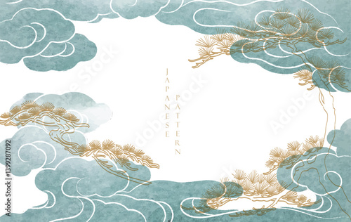 Japanese background with line Chinese cloud and bonsai tree pattern vector. Abstract template with geometric wave pattern. Cloud layout design in oriental style