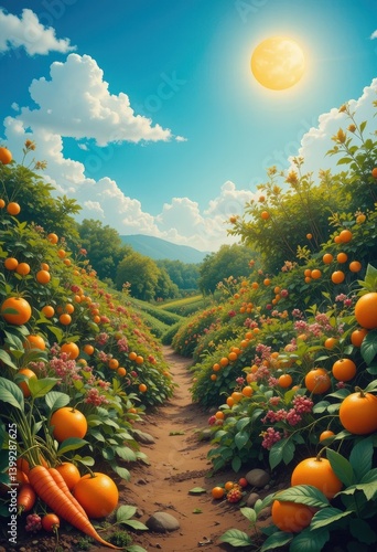 Wallpaper Mural A winding path meanders through a vibrant orange garden, bursting with a variety of blooming flowers. Lush greenery frames the scene, creating a picturesque and inviting atmosphere. Torontodigital.ca