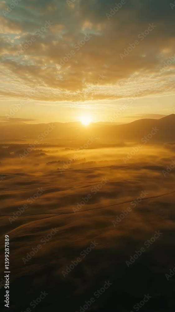 A captivating sunrise paints the sky in golden hues, illuminating rolling hills and layers of fog across a serene landscape. A captivating sunrise paints the sky in golden hues, illuminating rolling hills and layers of fog across a serene landscape.