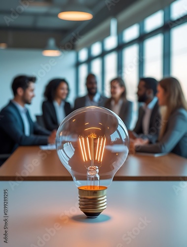 Creative lightbulb symbolizing innovation in front of business team discussing ideas in modern office

