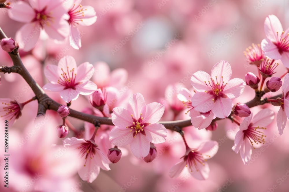 A close-up view of beautiful, delicate pink cherry blossoms. A close-up view of beautiful, delicate pink cherry blossoms.