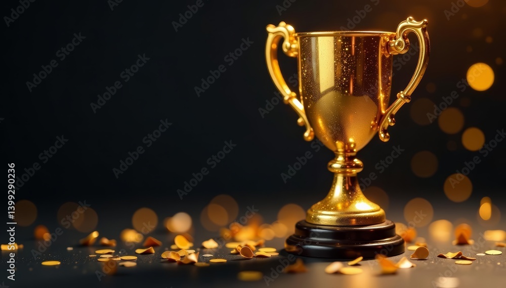 Close up of a glittering gold trophy with scattered confetti, jubilation, happiness, congratulation Close up of a glittering gold trophy with scattered confetti, jubilation, happiness, congratulation