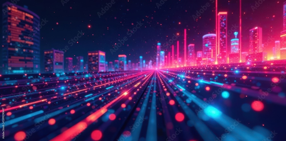 Fototapeta premium Fast-paced tech innovation, vibrant digital collage, artificial intelligence, pattern, internet