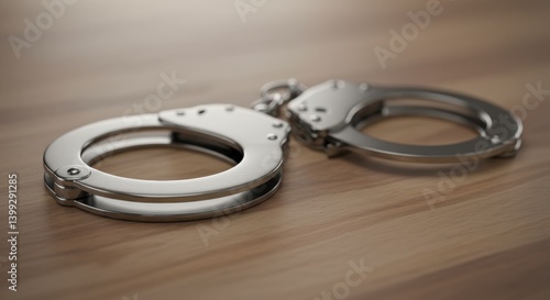 Steel Handcuffs on Wooden Surface: Justice Concept