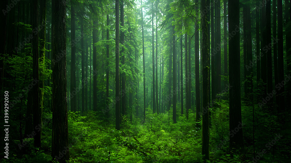 Naklejka premium Sunlight Piercing Lush Green Forest