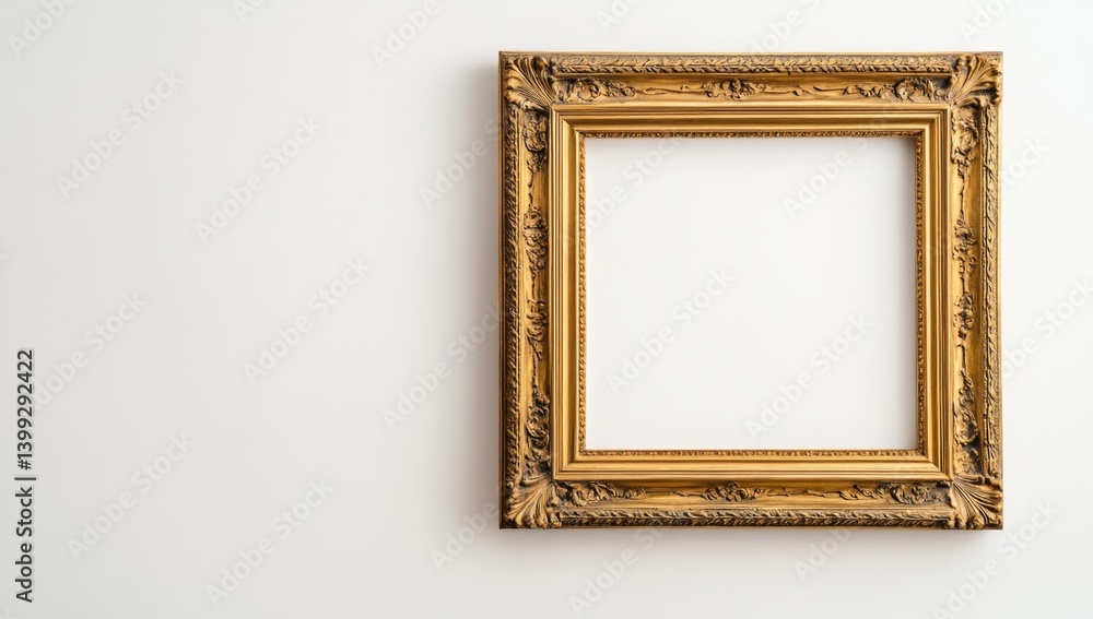 Empty gold frame against white wall Empty gold frame against white wall
