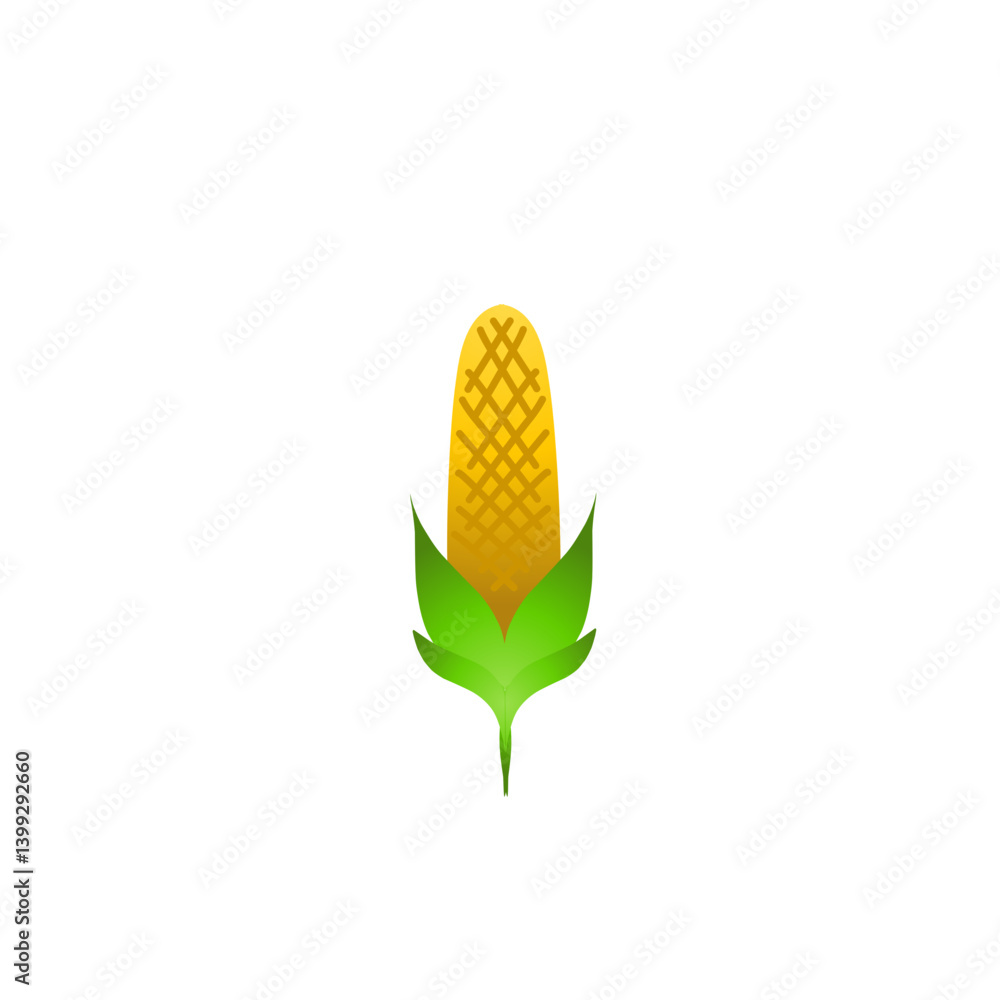 Obraz premium Vibrant illustration of a corn cob with green leaves against a plain white background, ideal for food themes