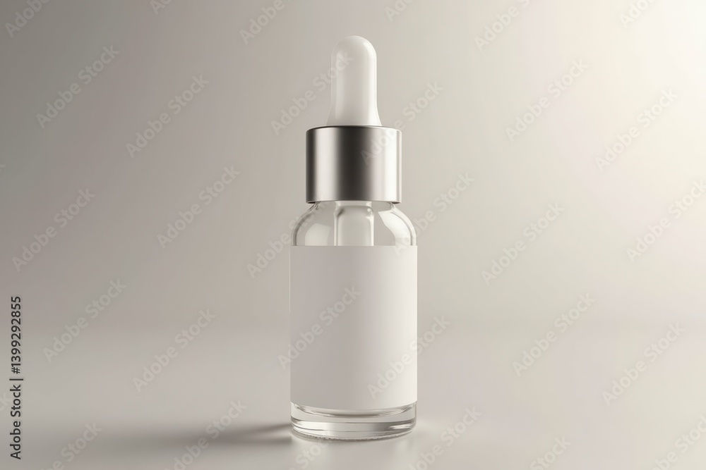 A clear glass dropper bottle with a blank label for cosmetic product packaging. A clear glass dropper bottle with a blank label for cosmetic product packaging.