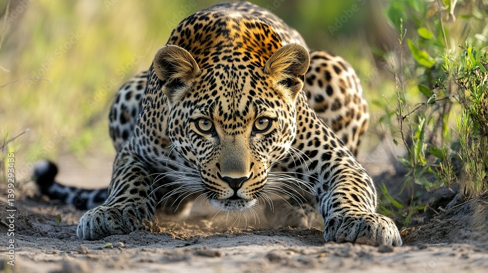 Obraz premium A watchful leopard poised in ambush on the savanna.