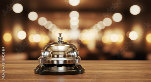 Silver Reception Bell on Wooden Counter with Blurred Background Lights