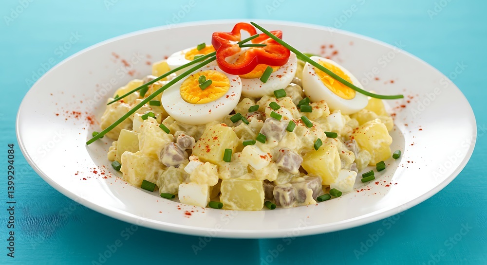 Serving Potato Salad Topped with Eggs and Pepper Serving Potato Salad Topped with Eggs and Pepper