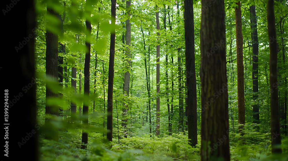Fototapeta premium Dense Green Forest With Sunlight Filtering Through Trees