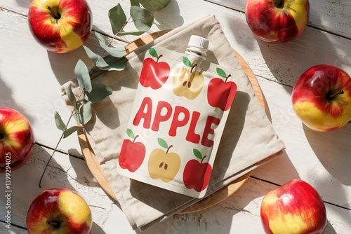 Convenient apple puree pouch snack mockup surrounded by fresh red apples and eucalyptus leaves on a light surface with natural sunlight and shadows