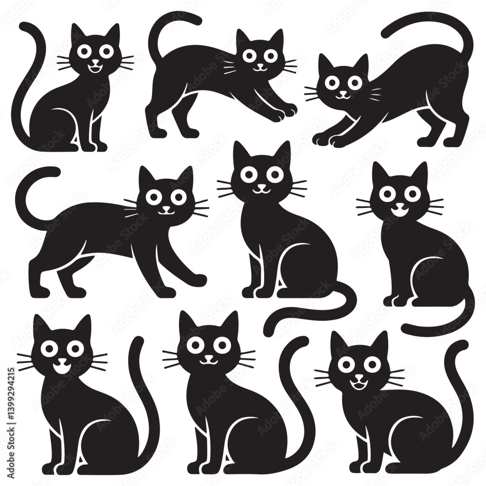 Set of Vector Black silhouettes cats. Collection of funny cats in different poses. illustration isolated on white background. Drawing with children. Set of Vector Black silhouettes cats. Collection of funny cats in different poses. illustration isolated on white background. Drawing with children.
