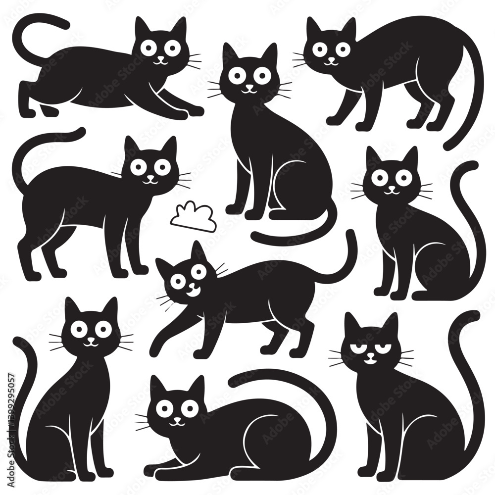 Set of Vector Black silhouettes cats. Collection of funny cats in different poses. illustration isolated on white background. Drawing with children. Set of Vector Black silhouettes cats. Collection of funny cats in different poses. illustration isolated on white background. Drawing with children.