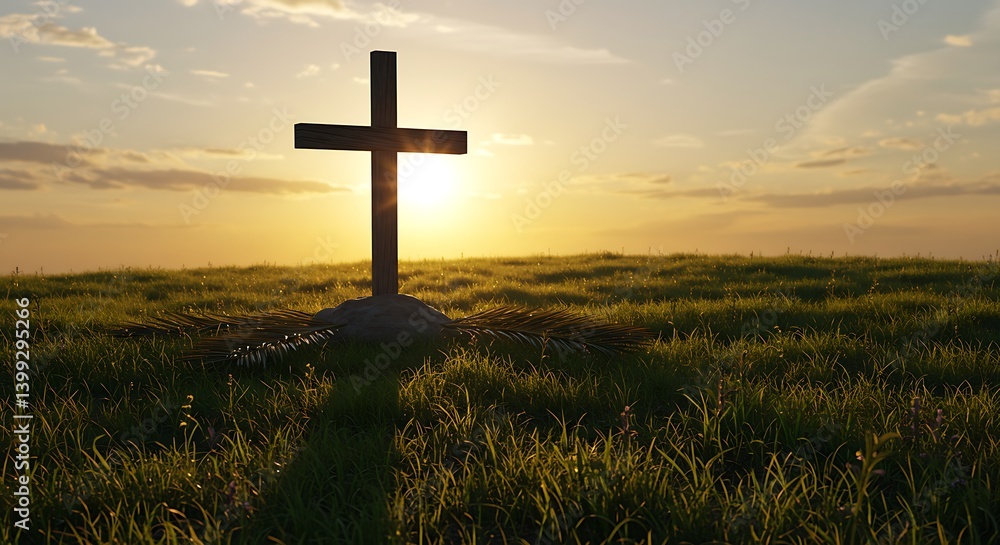 Wooden Cross Silhouette on Hill at Sunset with Palm Branches Wooden Cross Silhouette on Hill at Sunset with Palm Branches