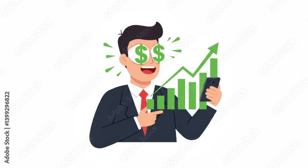 Man with Dollar Sign Eyes Watching Stock Market Rise Man with Dollar Sign Eyes Watching Stock Market Rise