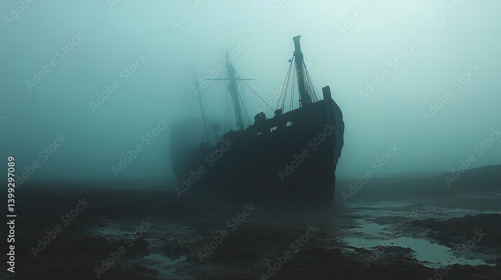 Silhouette of a shipwrecked boat on a deserted shore, eerie mist surrounding it Silhouette of a shipwrecked boat on a deserted shore, eerie mist surrounding it