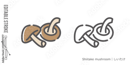 キノコのラインアイコンと色付きアイコンのセット｜しいたけ