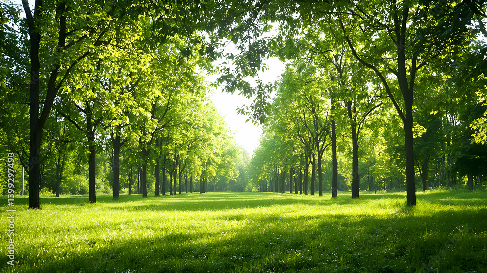 Naklejka premium Sunlight Filters Through Trees in a Rowed Forest Path