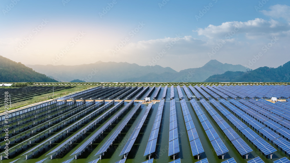 Expansive Solar Panel Array Amidst Serene Mountain Landscape