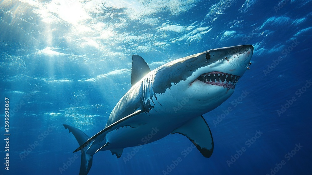Fototapeta premium A powerful great white shark in the deep blue ocean.