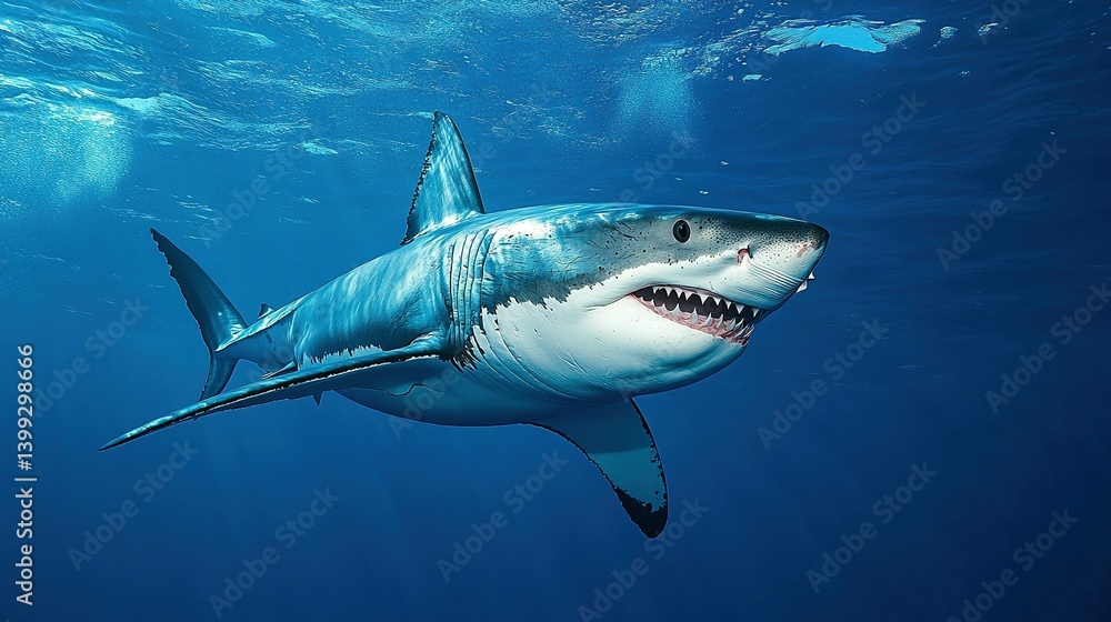 Fototapeta premium Great white shark in deep blue ocean waters.