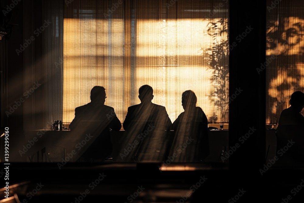 A group of business people having a meeting in a conference room, their silhouettes visible in the sunlight streaming through the window A group of business people having a meeting in a conference room, their silhouettes visible in the sunlight streaming through the window