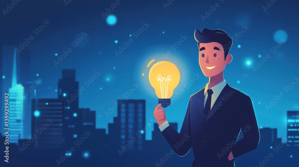 Radiant Innovation: A Businessman's Glowing Idea Illuminating the Cityscape Radiant Innovation: A Businessman's Glowing Idea Illuminating the Cityscape