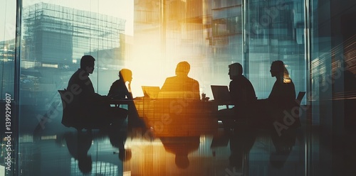 Business team meeting, silhouette of business people in an office conference room sitting around a table discussing work together. Abstract blurred background with a double exposure effect